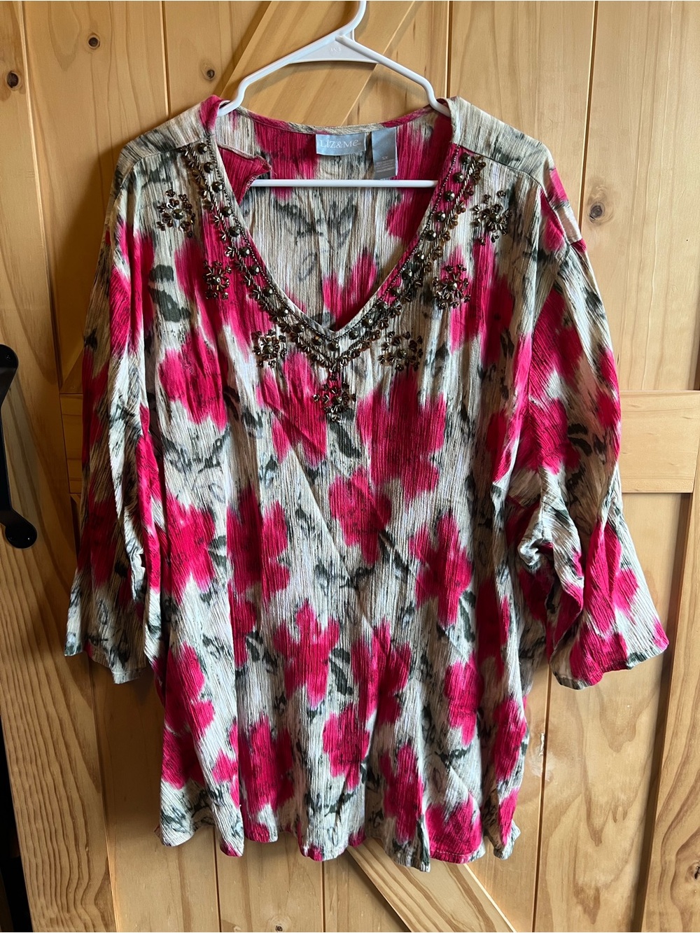 Liz & Me Crepe Crinkle Floral Tunic Blouse Size 5X Beaded Neck Boho Peasant Plus
